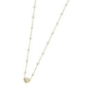 MARLU' Collana catena con perle e pendente cuore  cristalli pvd oro