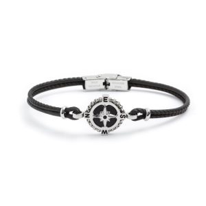 MARLU' Bracciale uomo  pelle nero rosa dei venti onice