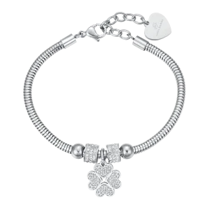 LUCA BARRA Bracciale donna in acciaio con quadrifoglio e cristalli bianchi