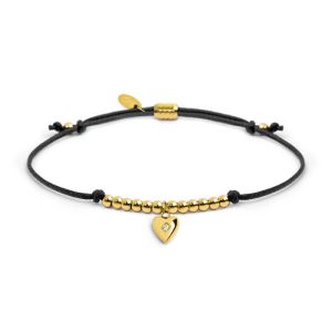 MARLU' Bracciale donna cordino nero con pendente cuore in acciaio pvd oro con zircone