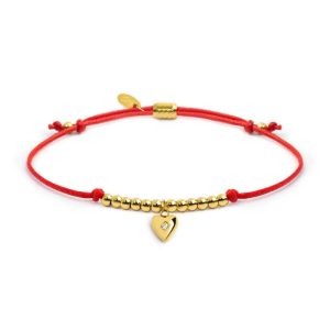 MARLU' Bracciale donna cordino rosso con pendente cuore in acciaio pvd oro con zircone