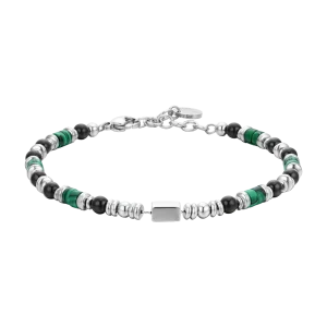 LUCA BARRA Bracciale uomo in acciaio con pietre agata nera e malachite verde