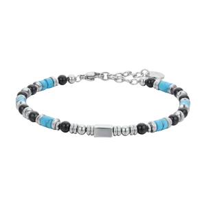LUCA BARRA Bracciale uomo in acciaio con pietre agata nera e turchesi