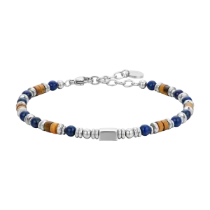 LUCA BARRA Bracciale uomo in acciaio con pietra lapis ed elementi occhio di tigre