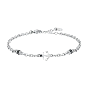 LUCA BARRA Bracciale uomo in acciaio con ancora, zircone nero ed elemento in IP nero