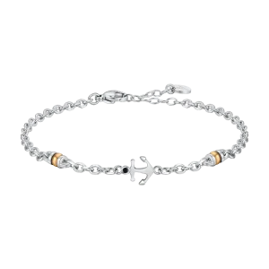LUCA BARRA Bracciale uomo in acciaio con ancora, zircone nero ed elemento in IP gold