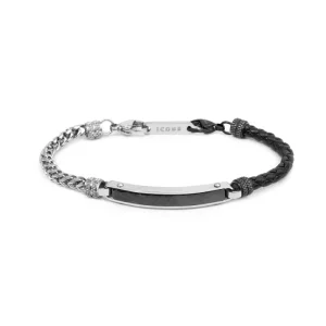 MARLU' Bracciale uomo pelle nera intrecciata e catena fishbone
